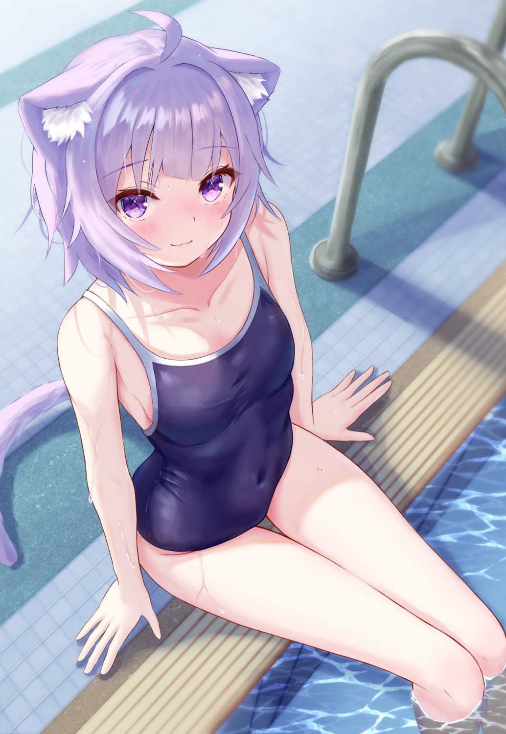 animal_ears hololive hololive_gamers nekomata_okayu nekomimi school_swimsuit swimsuits tail togemaru wet wet_clothes