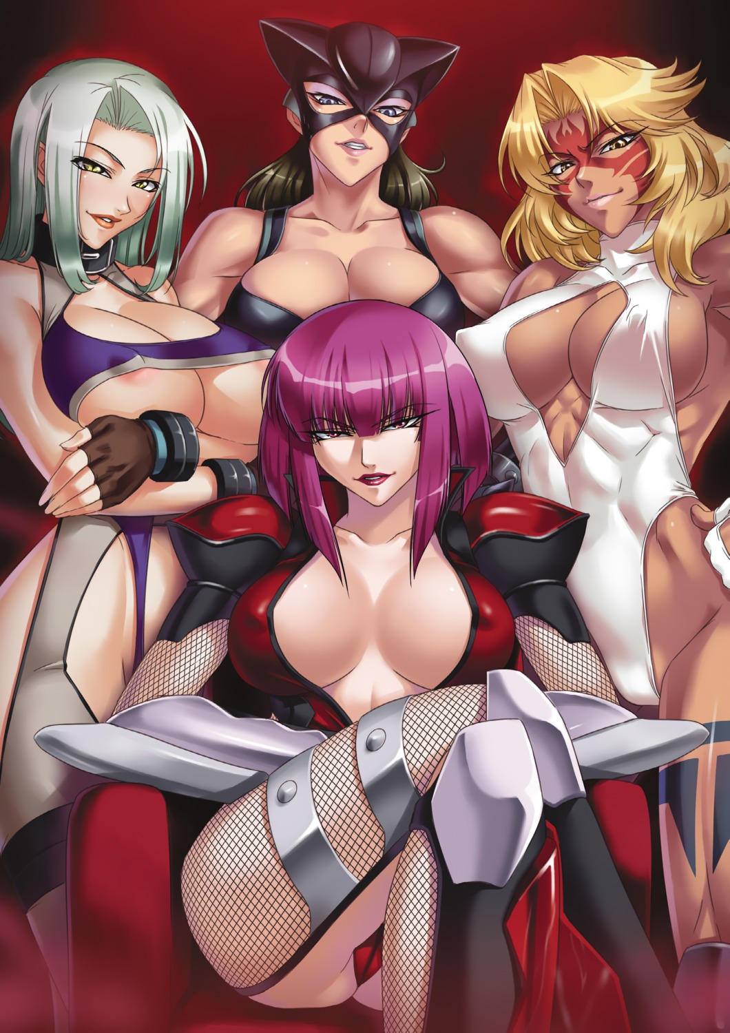 animal_ears areola armor bodysuit breast_hold cleavage erect_nipples fishnets fukumen_sugata_no_onna_senshi kagami leotard lilith_soft no_bra nopan oboro_(taimanin_asagi) open_shirt power_lady snake_lady stockings taimanin_asagi thighhighs underboob