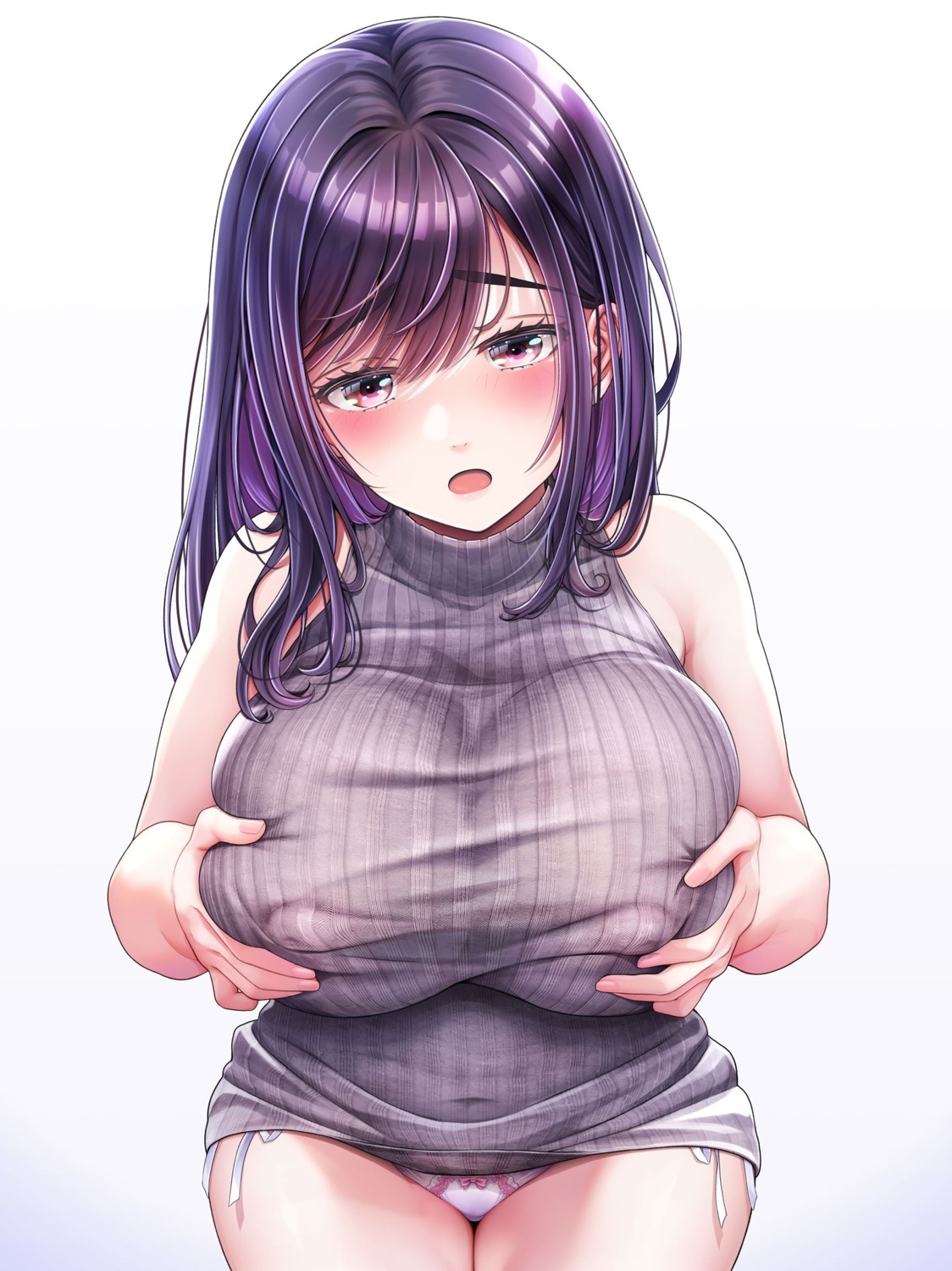 breast_grab dress erect_nipples pantsu skirt_lift string_panties sweater v-mag