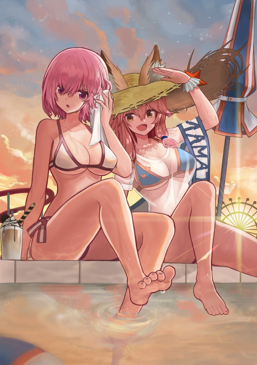 animal_ears bikini fate/grand_order feet mash_kyrielight onedoo see_through swimsuits tamamo_no_mae wet