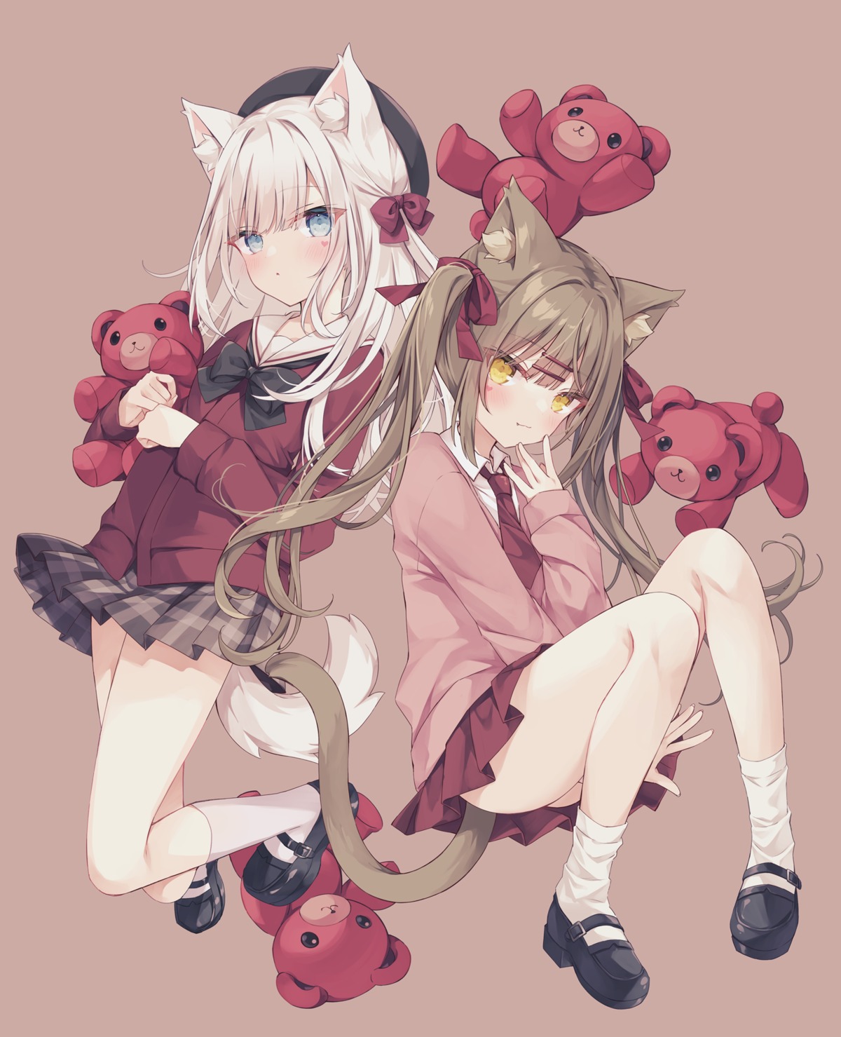 animal_ears hoshi inumimi kohaku_(hoshi) mashiro_(hoshi) nekomimi seifuku skirt_lift sweater tail