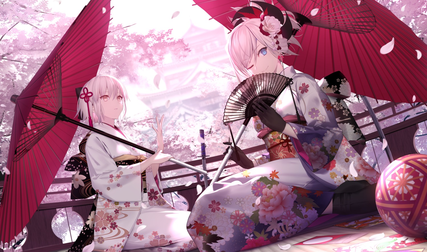 fate/grand_order kimono mashima_saki_(mashimasa) miyamoto_musashi_(fate/grand_order) okita_souji_(fate) umbrella