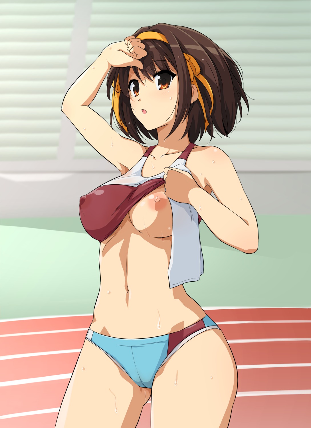 breasts buruma erect_nipples haruhisky nipples no_bra shirt_lift suzumiya_haruhi suzumiya_haruhi_no_yuuutsu