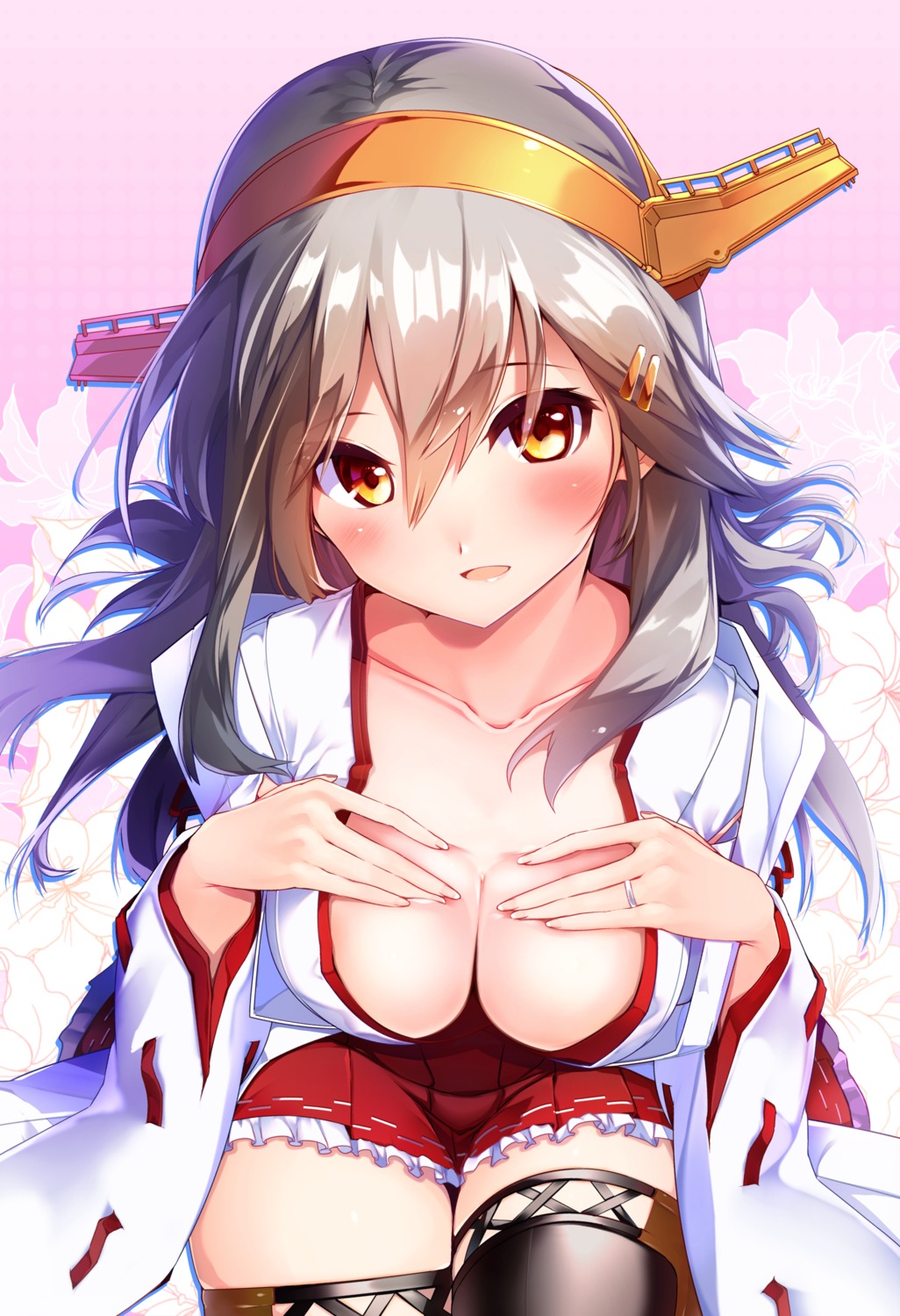 haruna_(kancolle) japanese_clothes kantai_collection no_bra open_shirt thighhighs tsukui_kachou