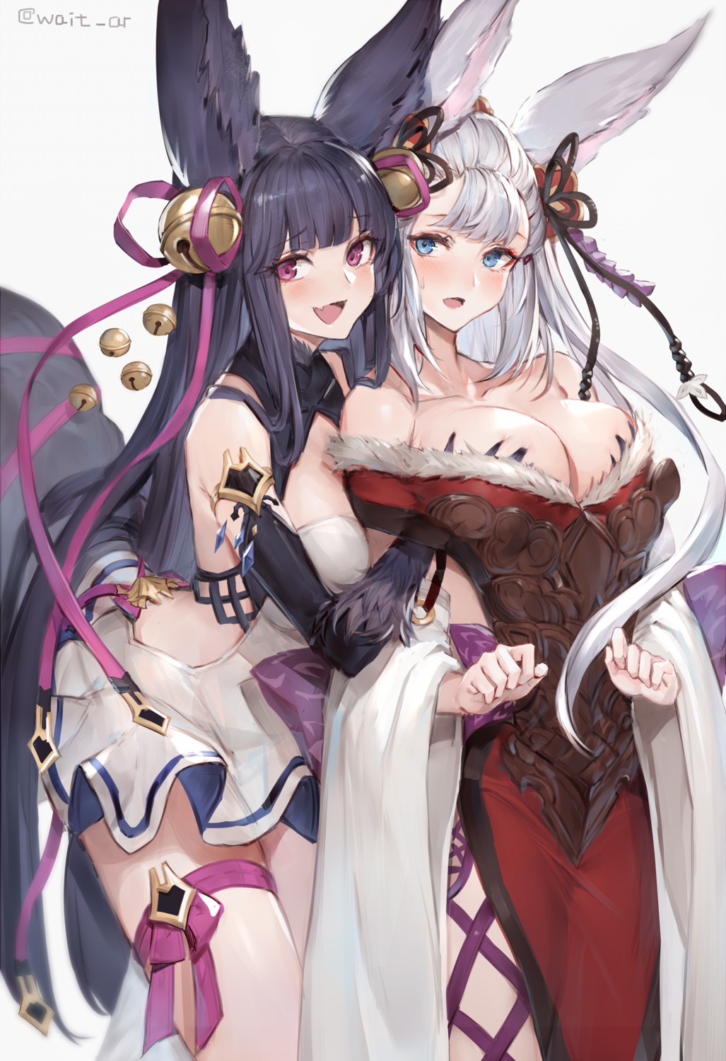 animal_ears armor breast_grab garter granblue_fantasy no_bra open_shirt oyu_(sijimisizimi) socie_(granblue_fantasy) tail yuel_(granblue_fantasy) yuri