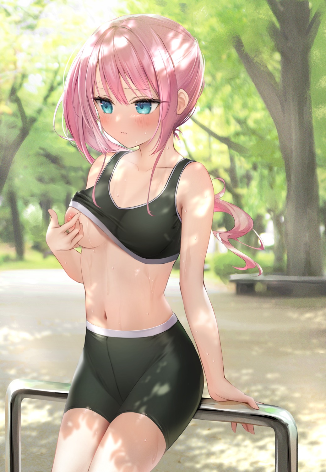 bike_shorts breast_hold gym_uniform nipples no_bra shirt_lift suyamori undressing