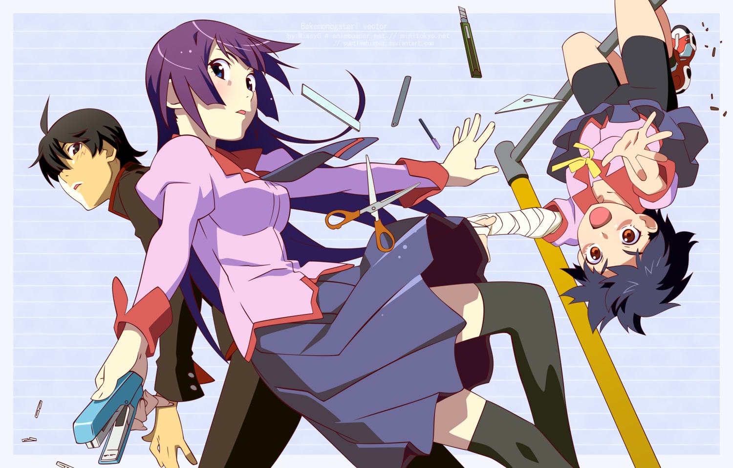 bakemonogatari kanbaru_suruga monogatari_(series) seifuku senjougahara_hitagi thighhighs vector_trace watermark