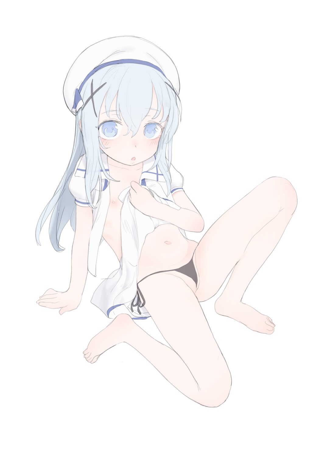 feet gochuumon_wa_usagi_desu_ka? kafuu_chino loli nipples no_bra open_shirt pantsu pumpkinspicelatte seifuku skirt_lift string_panties thong