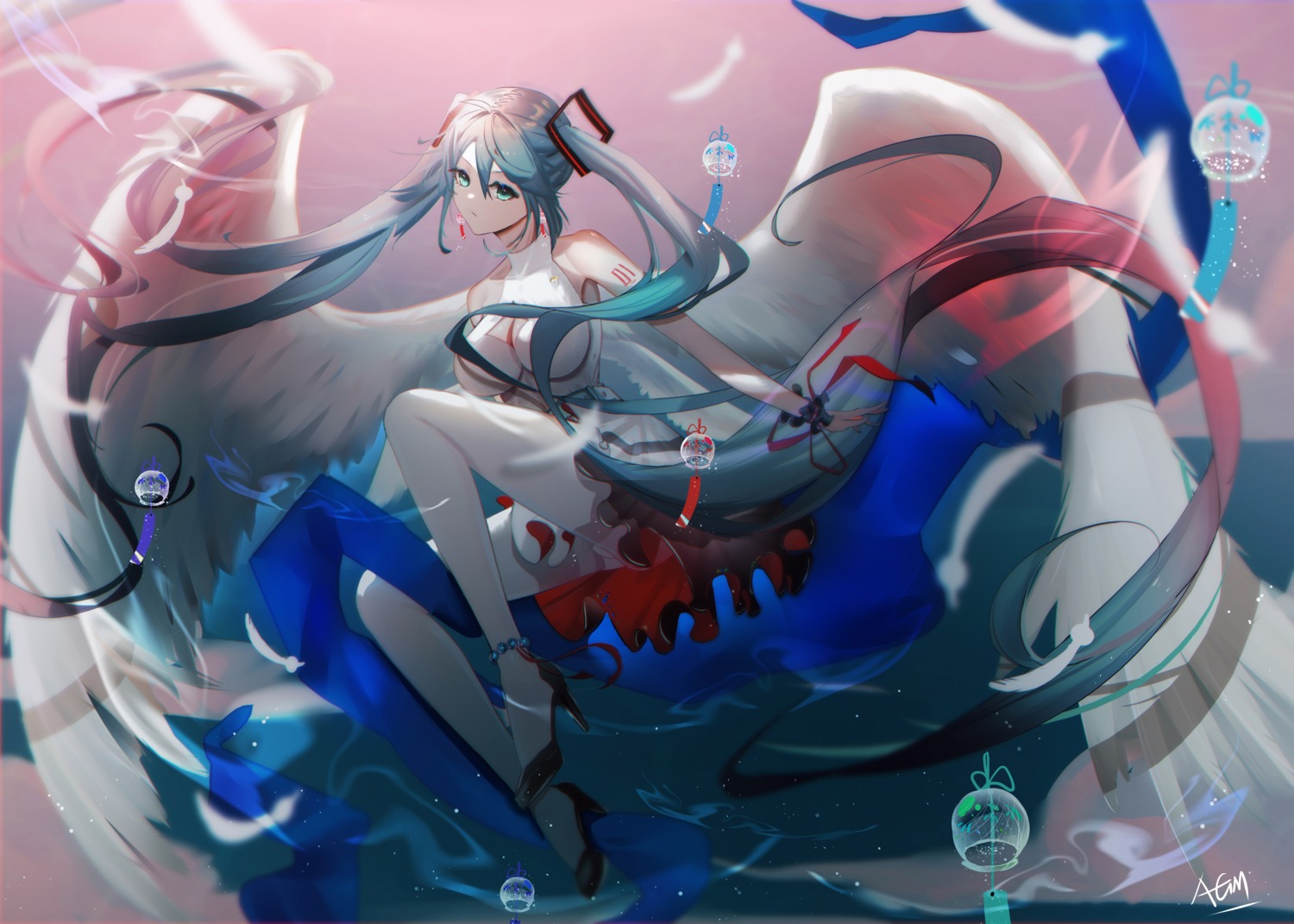 cleavage hatsune_miku heels omone_hokoma_agm pantyhose skirt_lift tattoo vocaloid wings