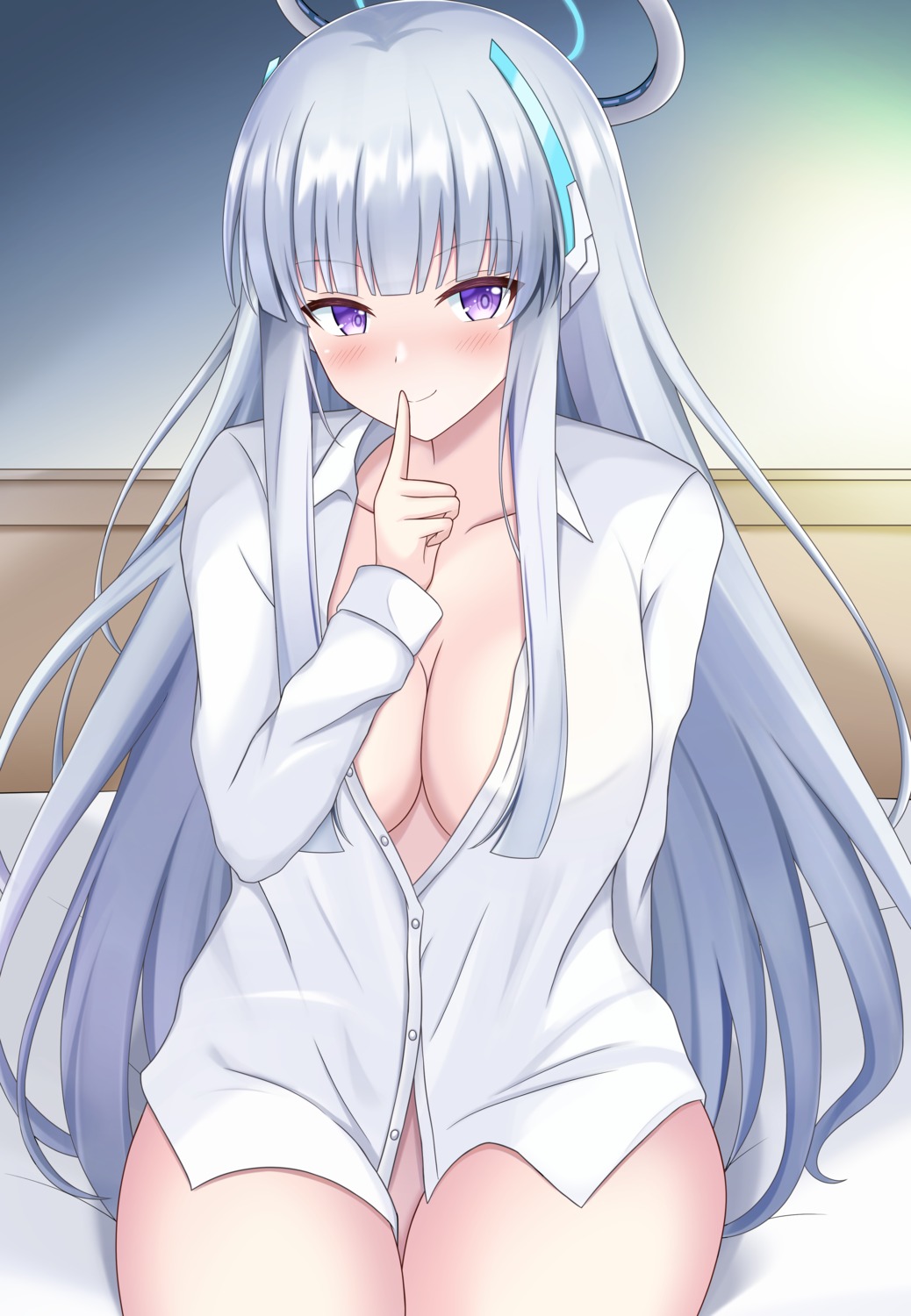 blue_archive bottomless dress_shirt halo magaasha no_bra open_shirt ushio_noa