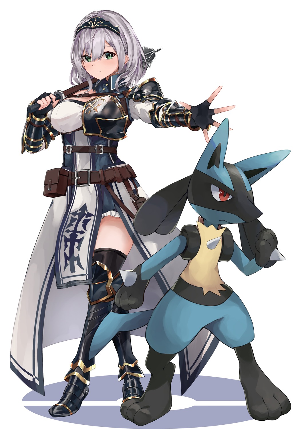 armor crossover hololive konkito lucario pokemon shirogane_noel thighhighs weapon