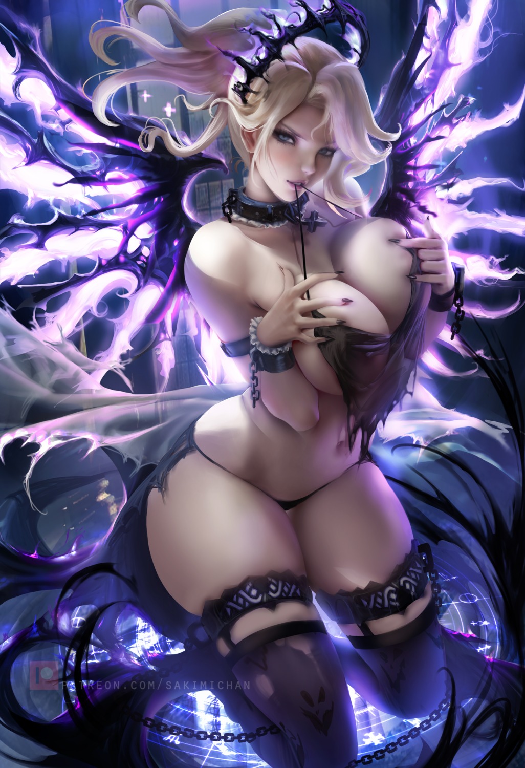 breast_hold garter lingerie mercy_(overwatch) no_bra overwatch pantsu sakimichan stockings thighhighs torn_clothes wings