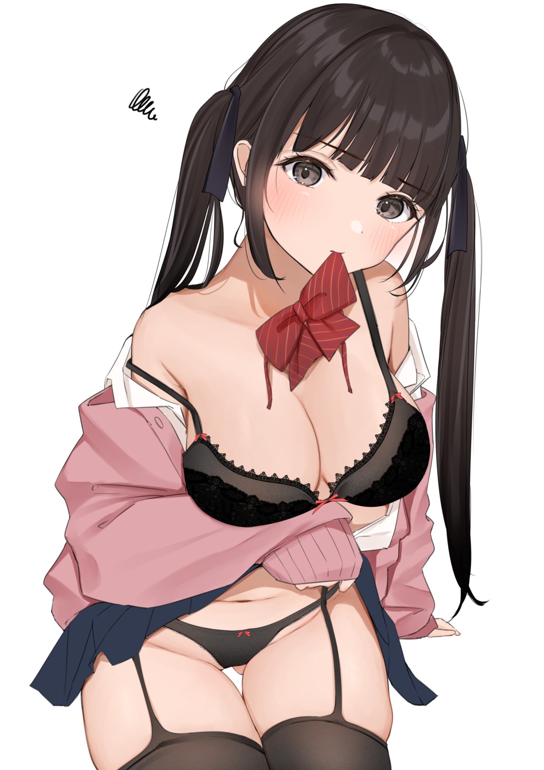 bra open_shirt pantsu seifuku skirt_lift stockings sweater thighhighs thong uiri-na