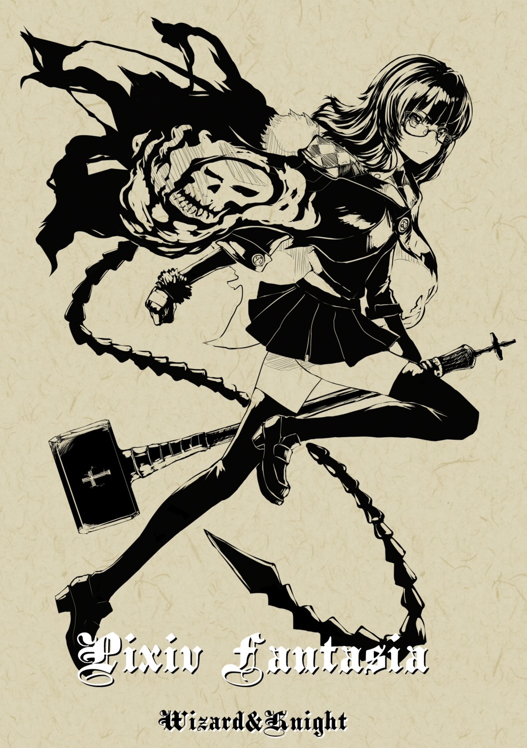 megane monochrome pixiv_fantasia pixiv_fantasia_wizard_and_knight realmbw thighhighs