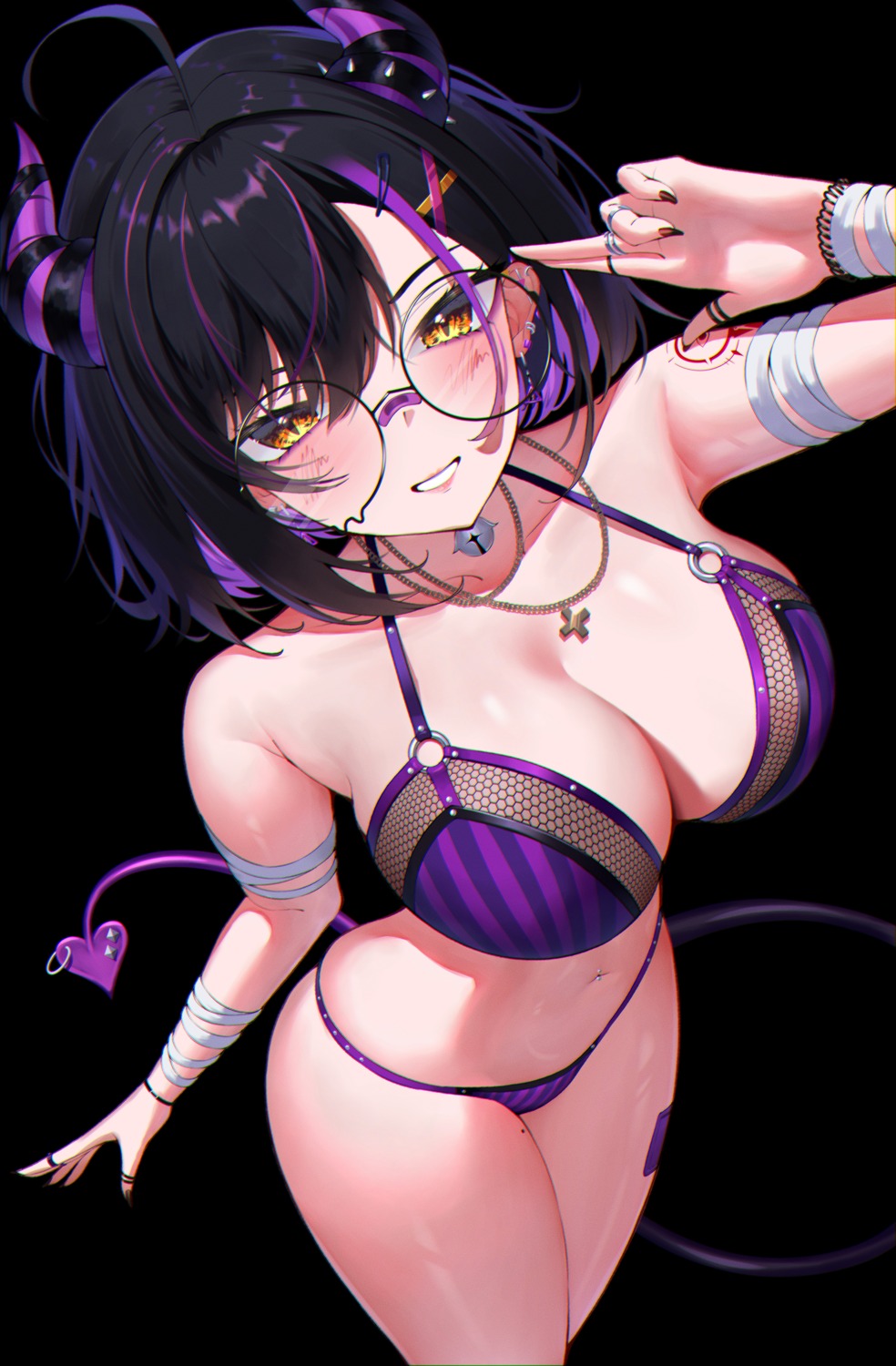 bandages bandaid bra devil fishnets himeliofon horns indie_virtual_youtuber megane pantsu rainhoe shimapan tail tattoo