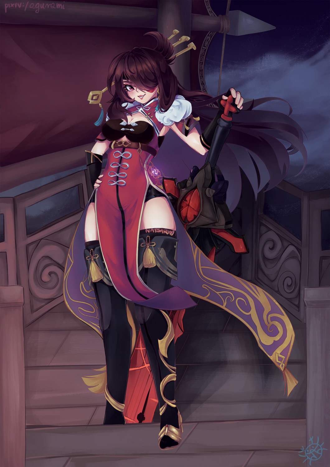 agurami asian_clothes ass beidou bra chinadress eyepatch genshin_impact heels photoshop skirt_lift sword thighhighs