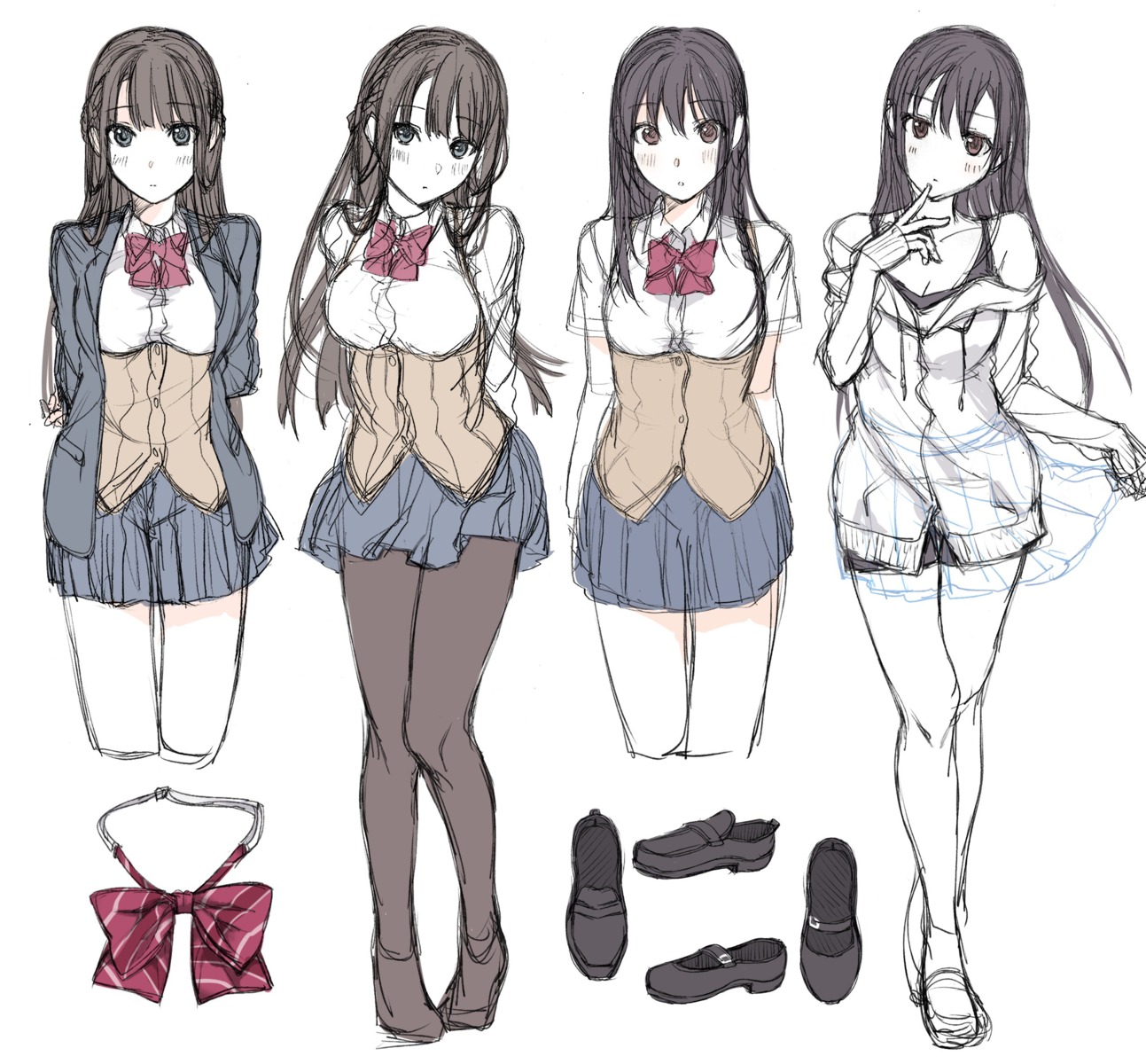 aikiss character_design cleavage giga kirisawa_saki pantyhose saegusa_ayame saegusa_hinata seifuku sketch thighhighs