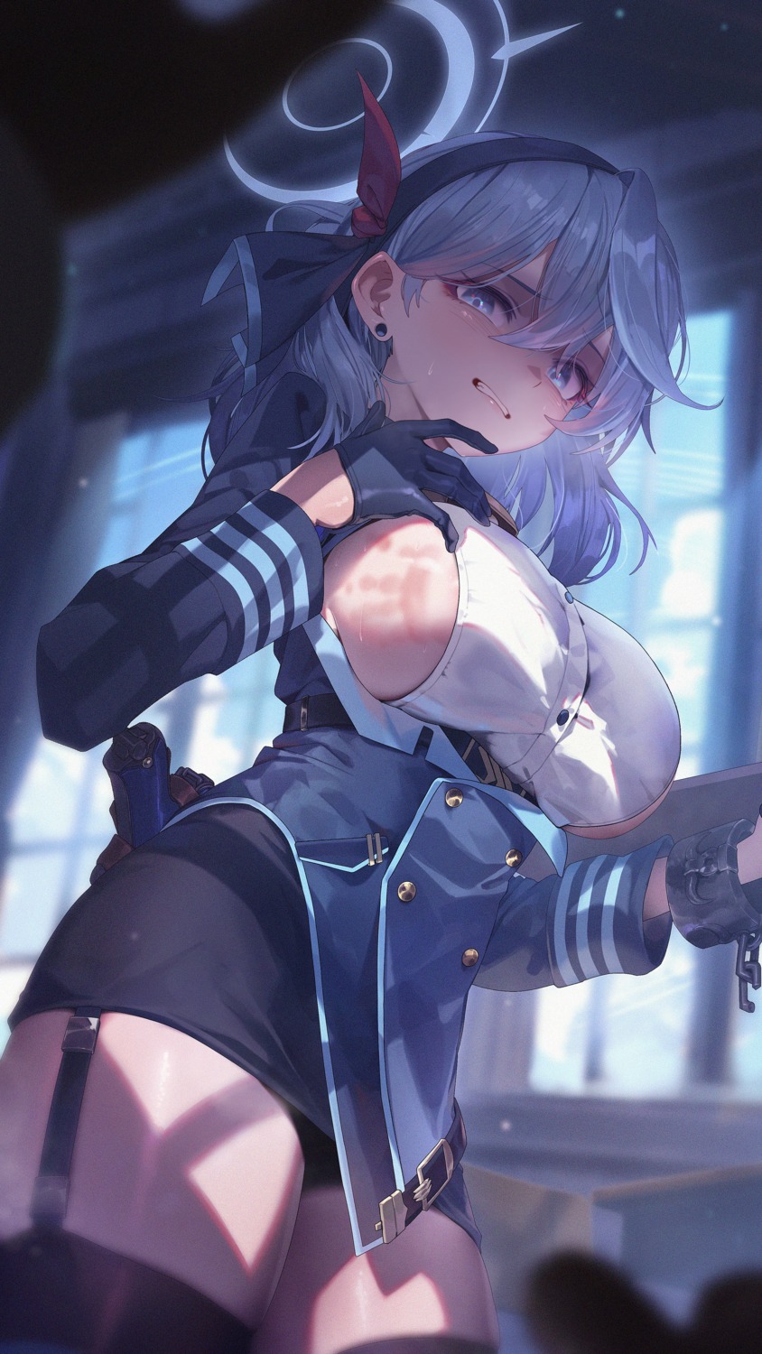 amau_ako blue_archive gun halo no_bra skirt_lift stockings sushispin thighhighs uniform