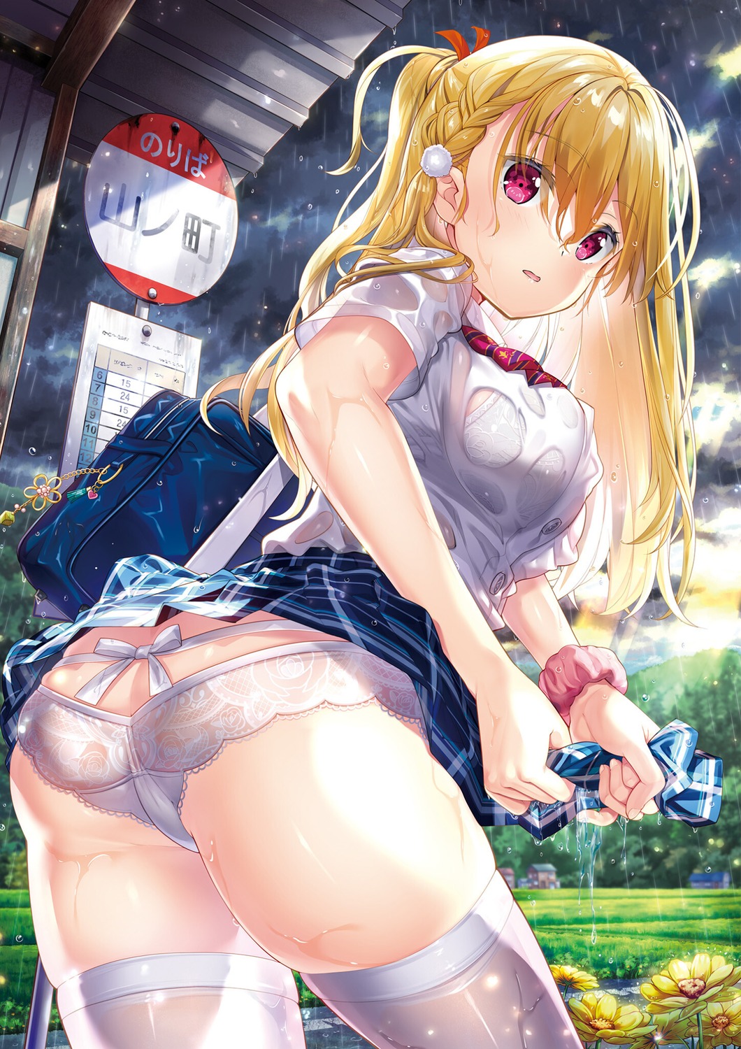 ass bra fujima_takuya pantsu see_through seifuku skirt_lift thighhighs thong wet wet_clothes