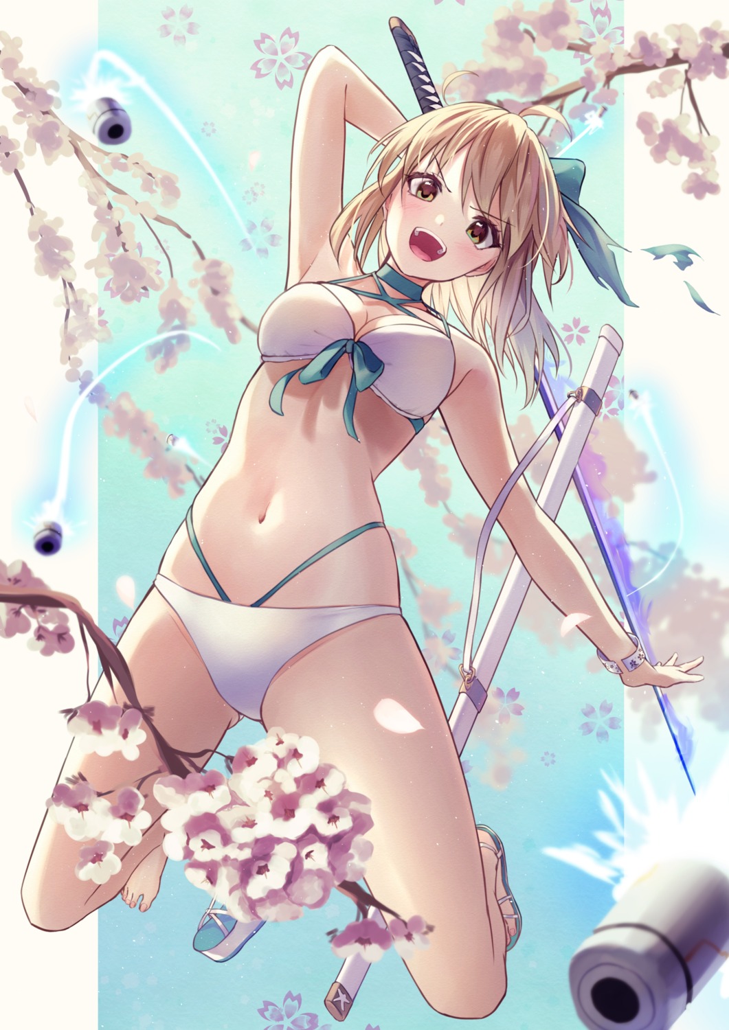 bikini cleavage fate/grand_order koha-ace okita_souji_(fate) shun'ya_(daisharin36) swimsuits sword weapon