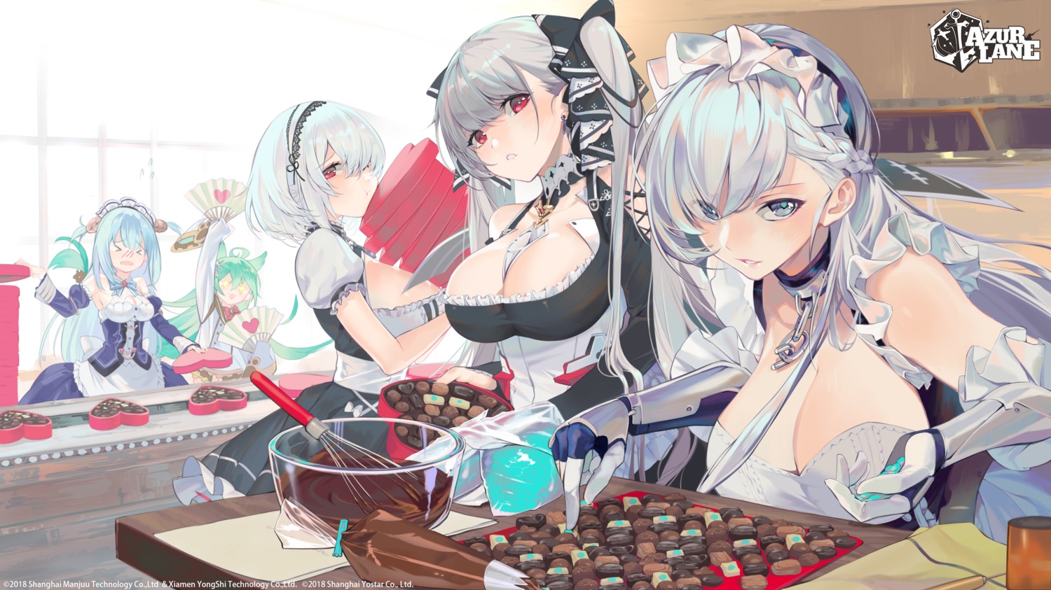 akashi_(azur_lane) angyefdez animal_ears armor azur_lane belfast_(azur_lane) cleavage formidable_(azur_lane) gothic_lolita lolita_fashion maid nekomimi neptune_(azur_lane) no_bra sirius_(azur_lane) valentine