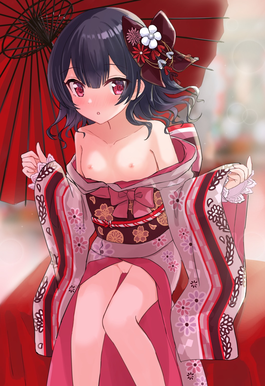 breasts eluthel japanese_clothes loli morino_rinze nipples no_bra nopan open_shirt pussy the_idolm@ster the_idolm@ster_shiny_colors uncensored
