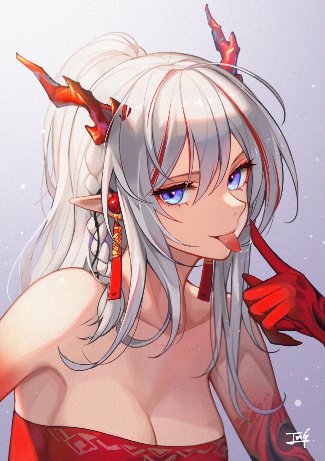 arknights baek_hyang bra horns nian_(arknights) pointy_ears tattoo