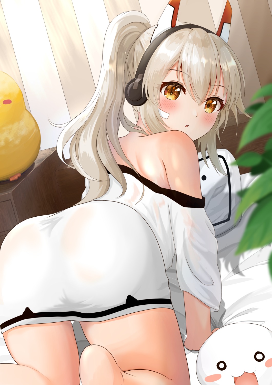 ass ayanami_(azur_lane) azur_lane bandaid crossover headphones manjuu_(azur_lane) niconico no_bra onabe_no_shime