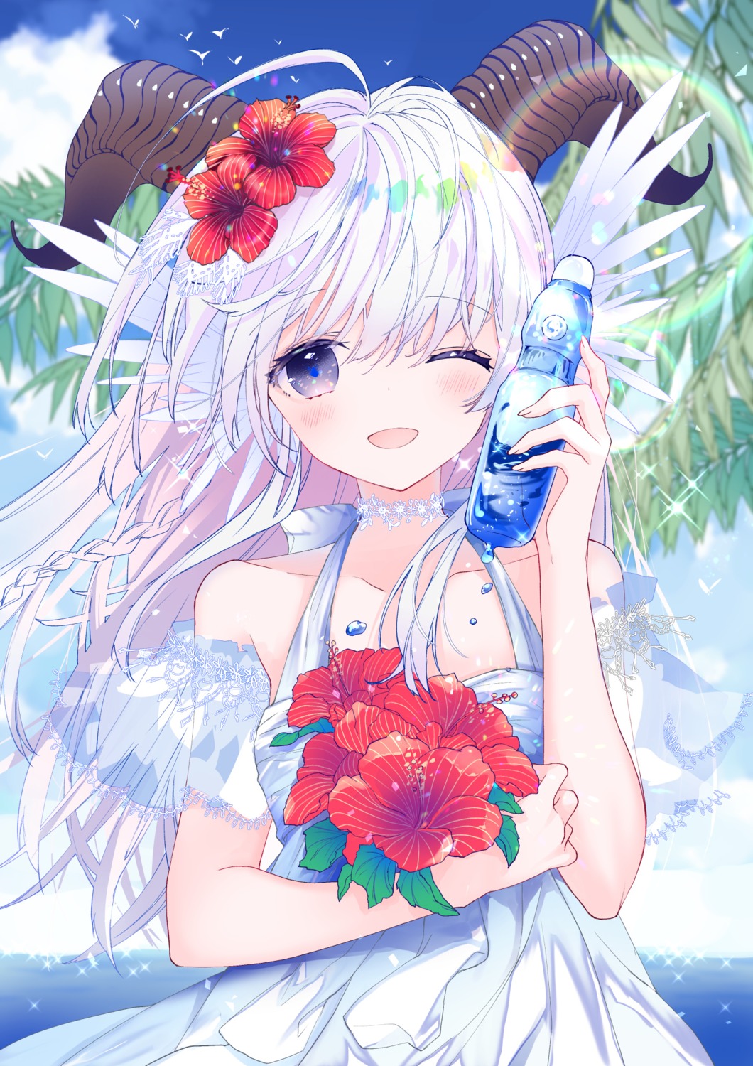 breast_hold dress horns konataeru summer_dress