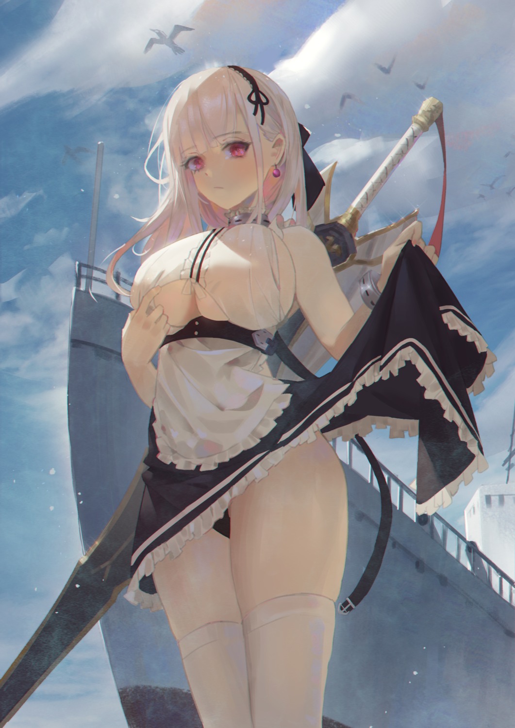 azur_lane cirilla dido_(azur_lane) maid no_bra pantsu skirt_lift sword thighhighs underboob