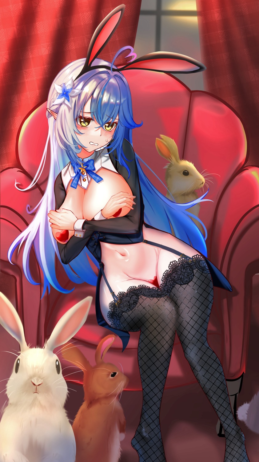 animal_ears breast_hold bunny_ears bunny_girl elf hololive ikeko_kei maebari pasties pointy_ears yukihana_lamy