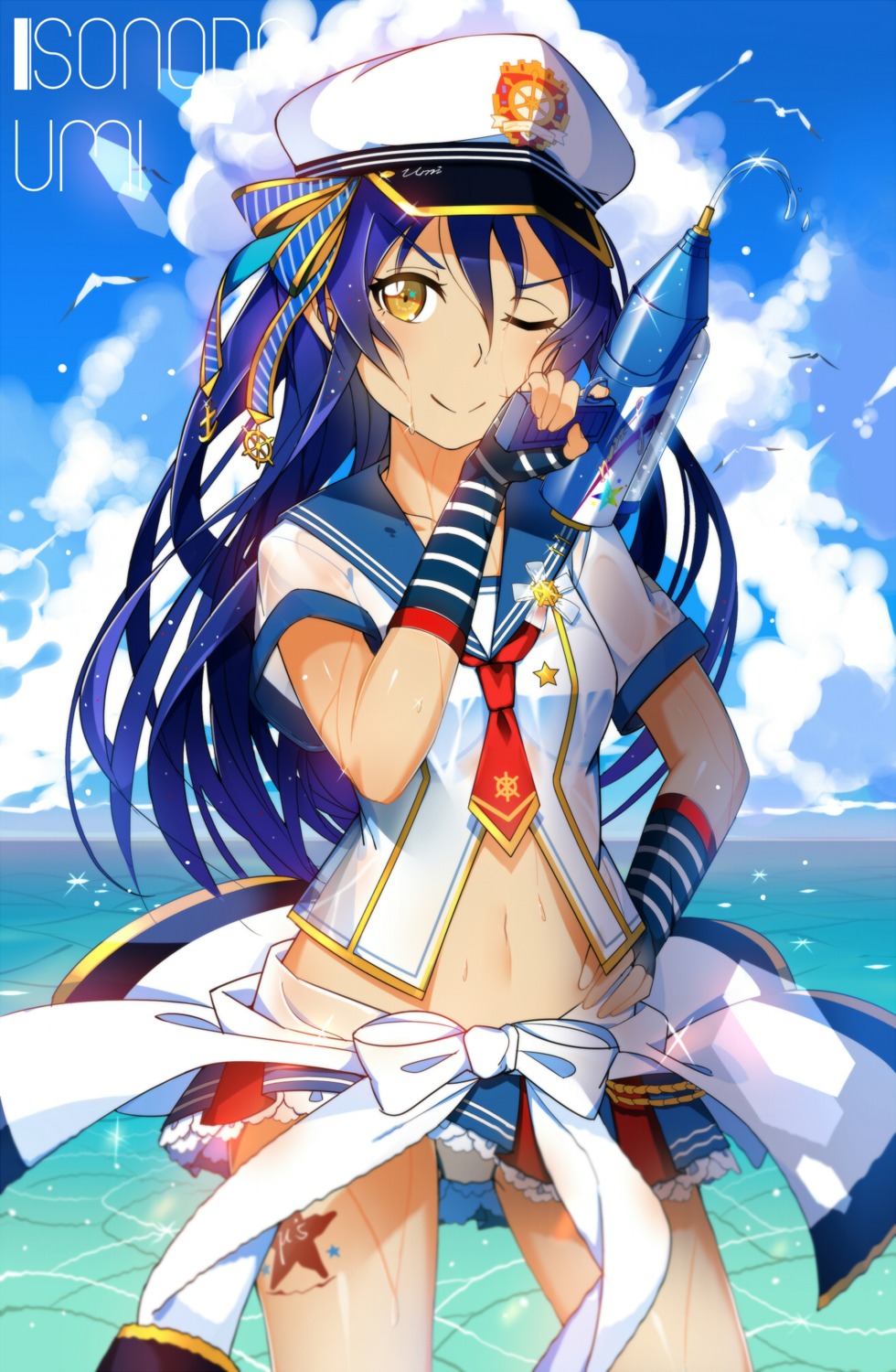 bra gun love_live! lu" pantsu see_through seifuku sonoda_umi wet wet_clothes