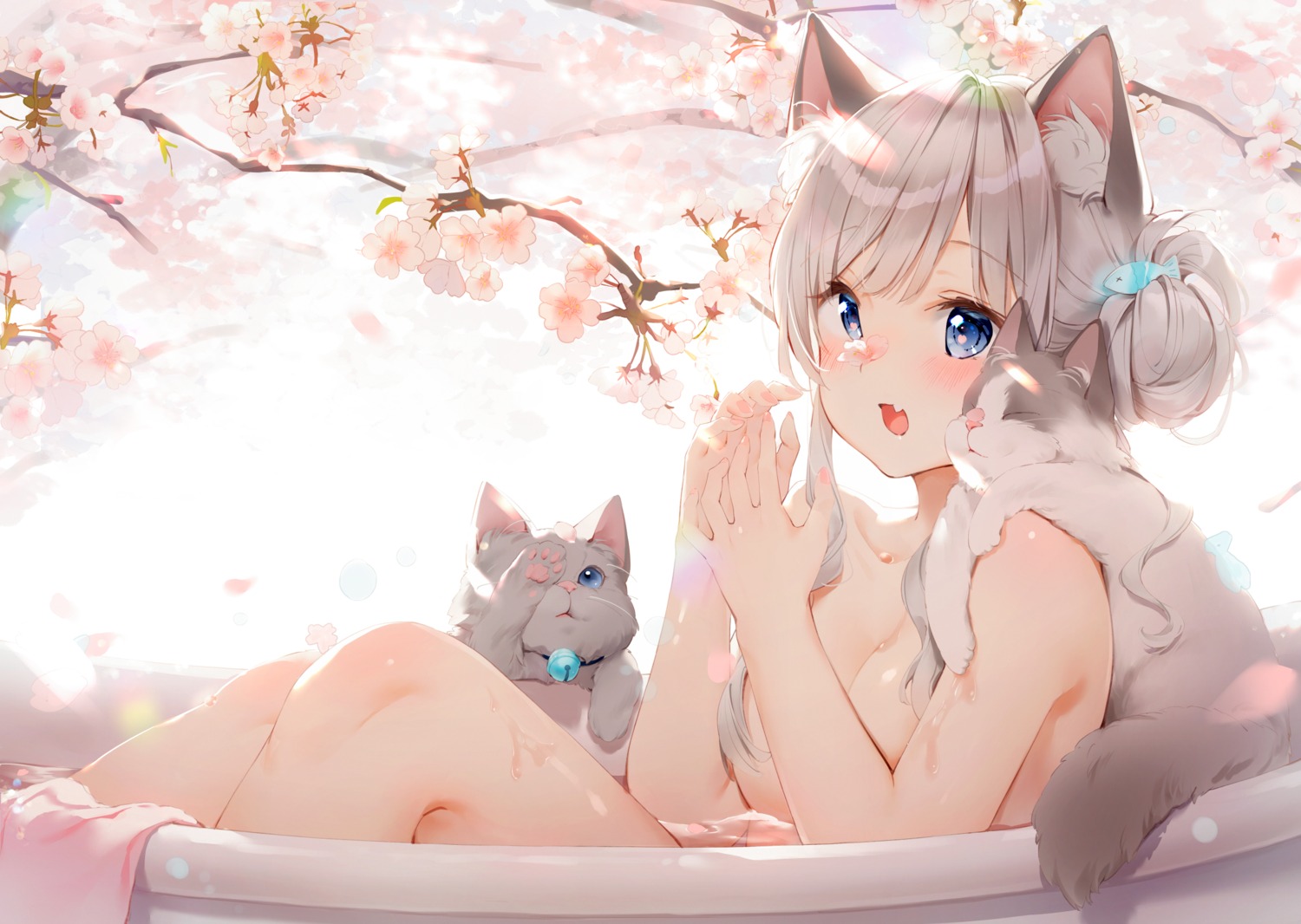 animal_ears bathing kinako_(shiratama_mochi) naked neko nekomimi wet