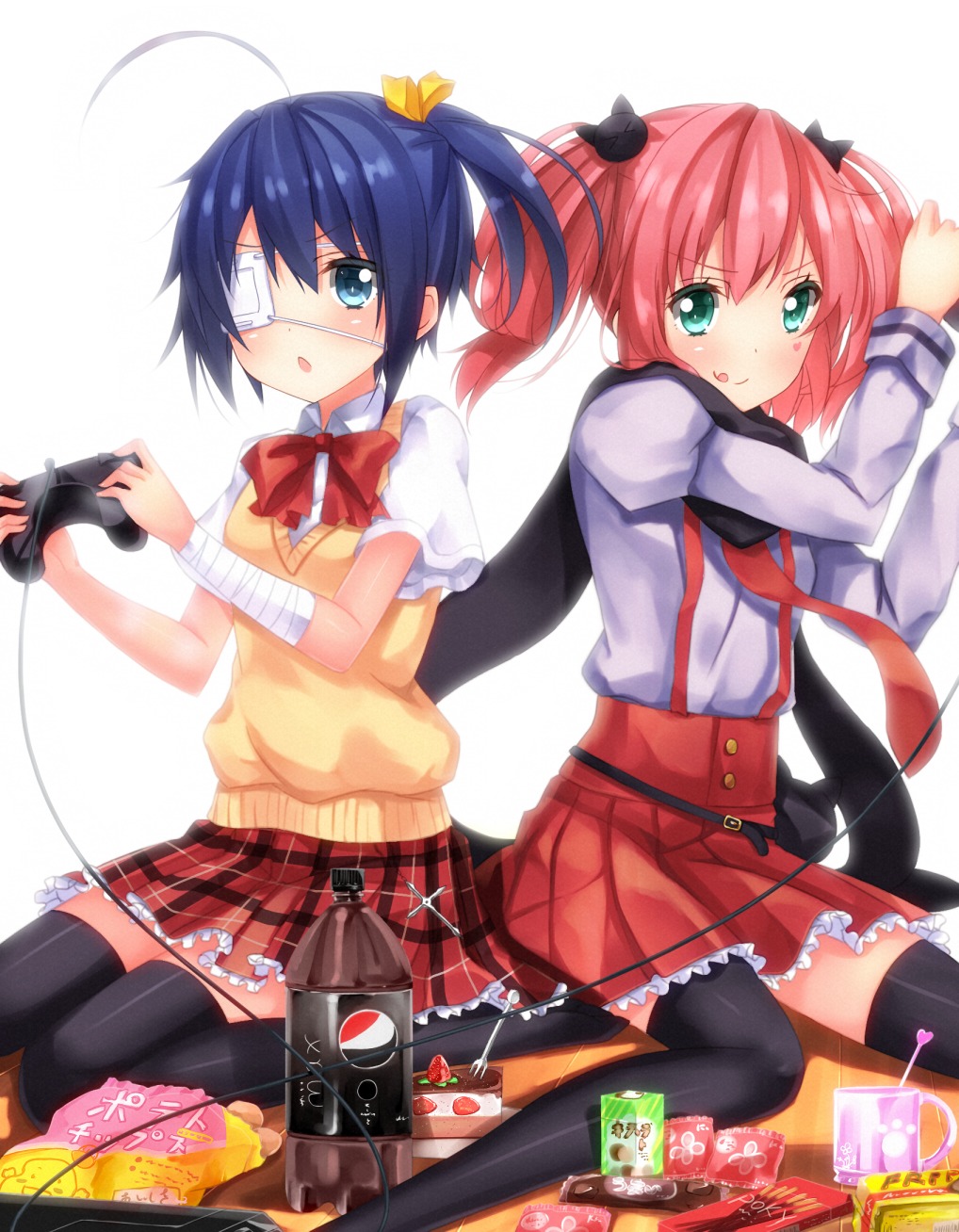 chuunibyou_demo_koi_ga_shitai! eyepatch seifuku shichimiya_satone swordsouls takanashi_rikka thighhighs