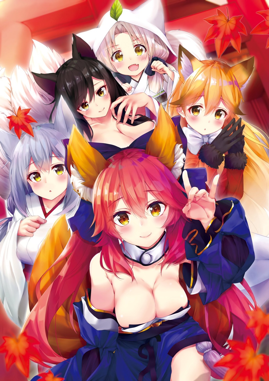 ahri animal_ears cleavage crossover ezo_red_fox fate/extra fate/stay_night imaizumi_kagerou inari_konkon_koi_iroha japanese_clothes kemono_friends kitsune kon_(inari_konkon_koi_iroha) league_of_legends miko rouka tail tamamo_no_mae touhou