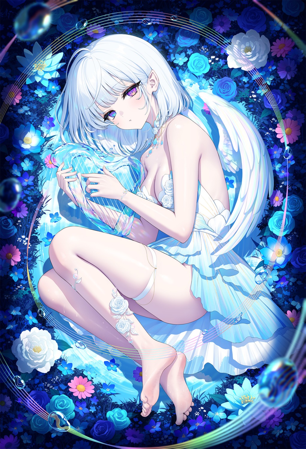 dress emori_miku_project garter heterochromia kohanayuki no_bra pointy_ears skirt_lift wet wings