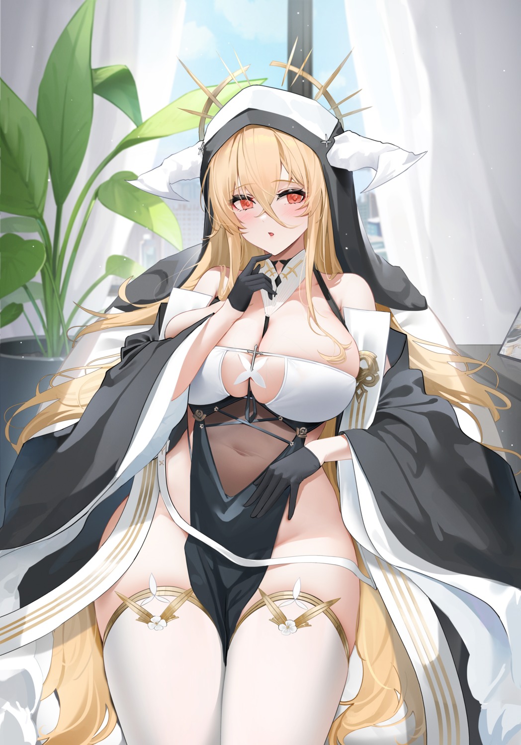 azur_lane horns implacable_(azur_lane) no_bra nun qing_wu thighhighs