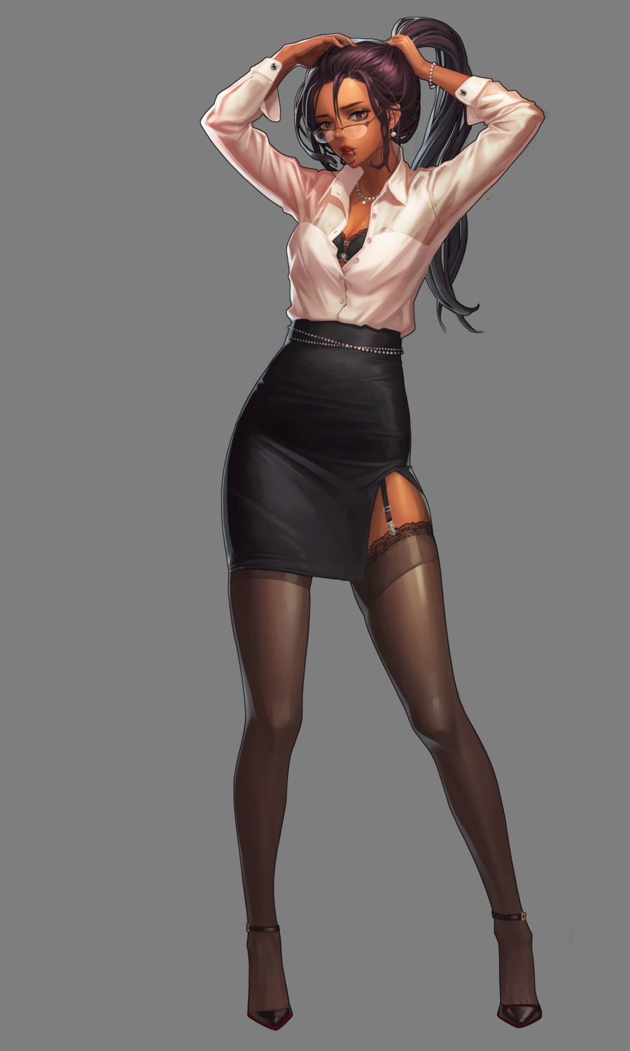 black_survival bra cleavage megane open_shirt see_through stockings tagme thighhighs transparent_png