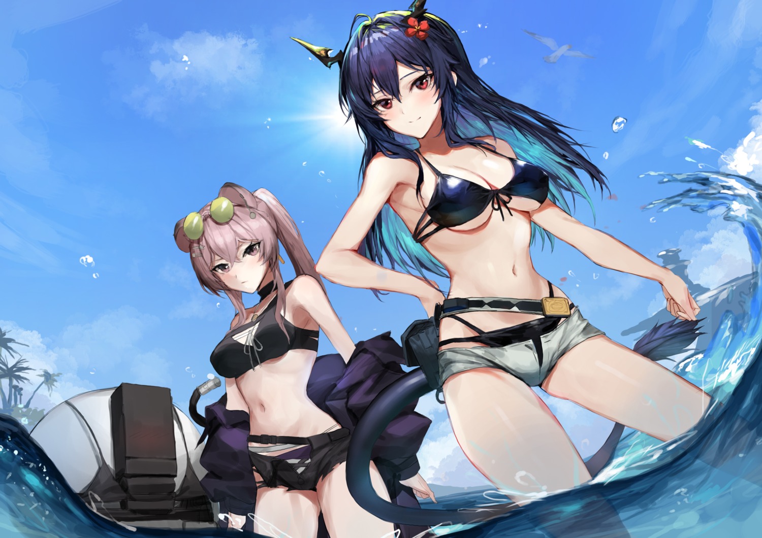 animal_ears arknights bikini ch'en_(arknights) horns lin_yuhsia_(arknights) megane molyb open_shirt swimsuits tail wet