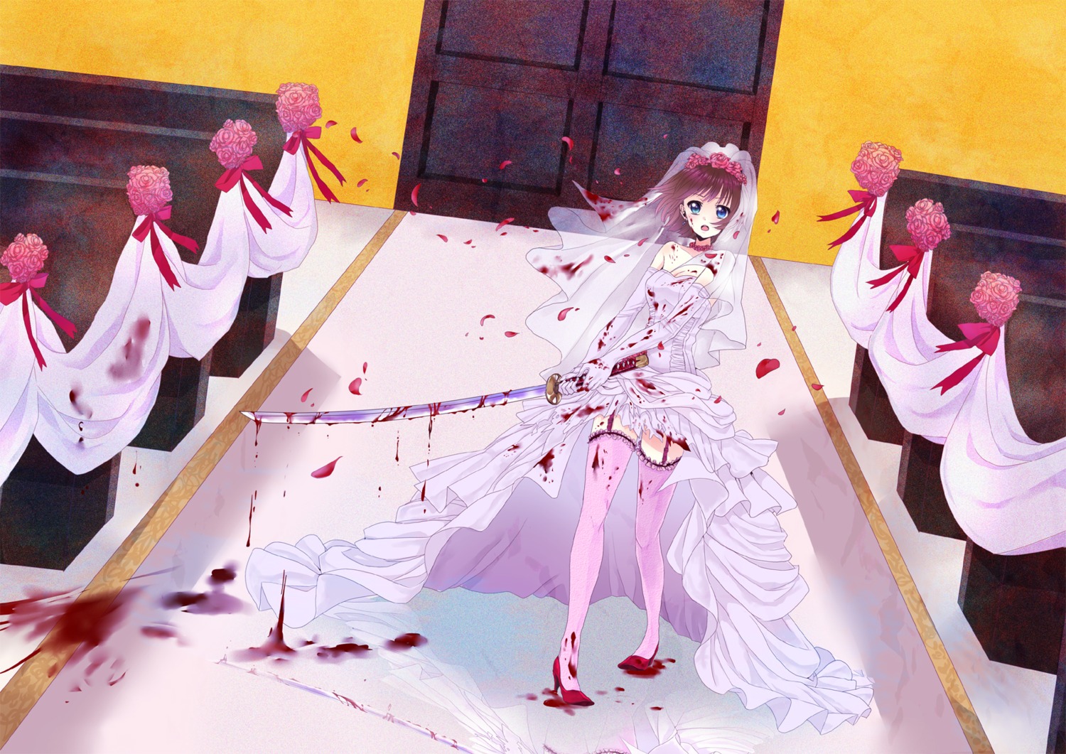 blood dress heels mirakururu stockings sword thighhighs wedding_dress yandere