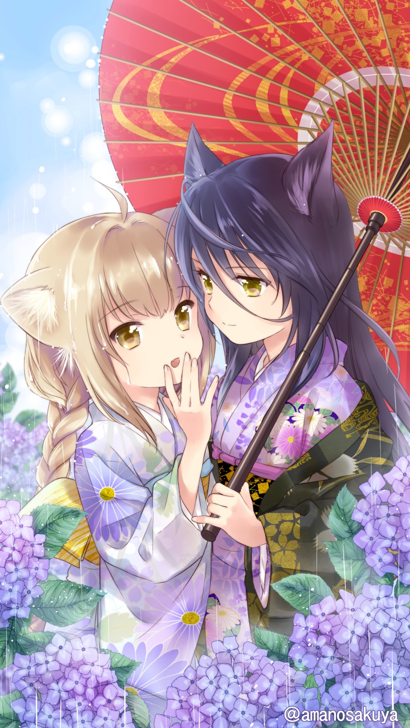 amano_sakuya animal_ears kimono konohana_kitan satsuki_(konohana_kitan) umbrella yuzu_(konohana_kitan)