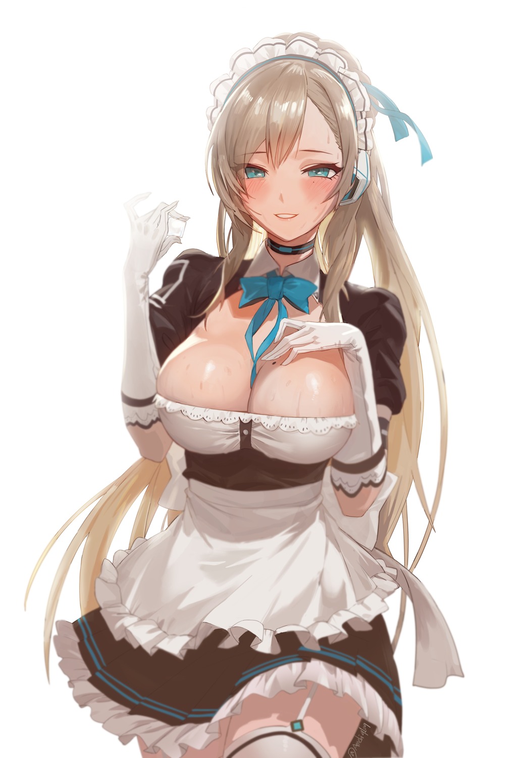 amebi blue_archive breast_hold cleavage ichinose_asuna maid no_bra stockings thighhighs