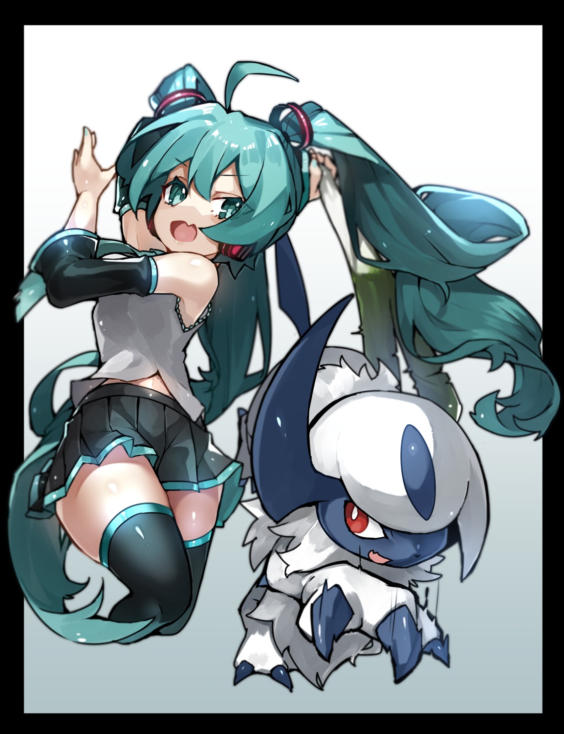 absol crossover hatsune_miku headphones pokemon reirou_(chokoonnpu) skirt_lift thighhighs vocaloid