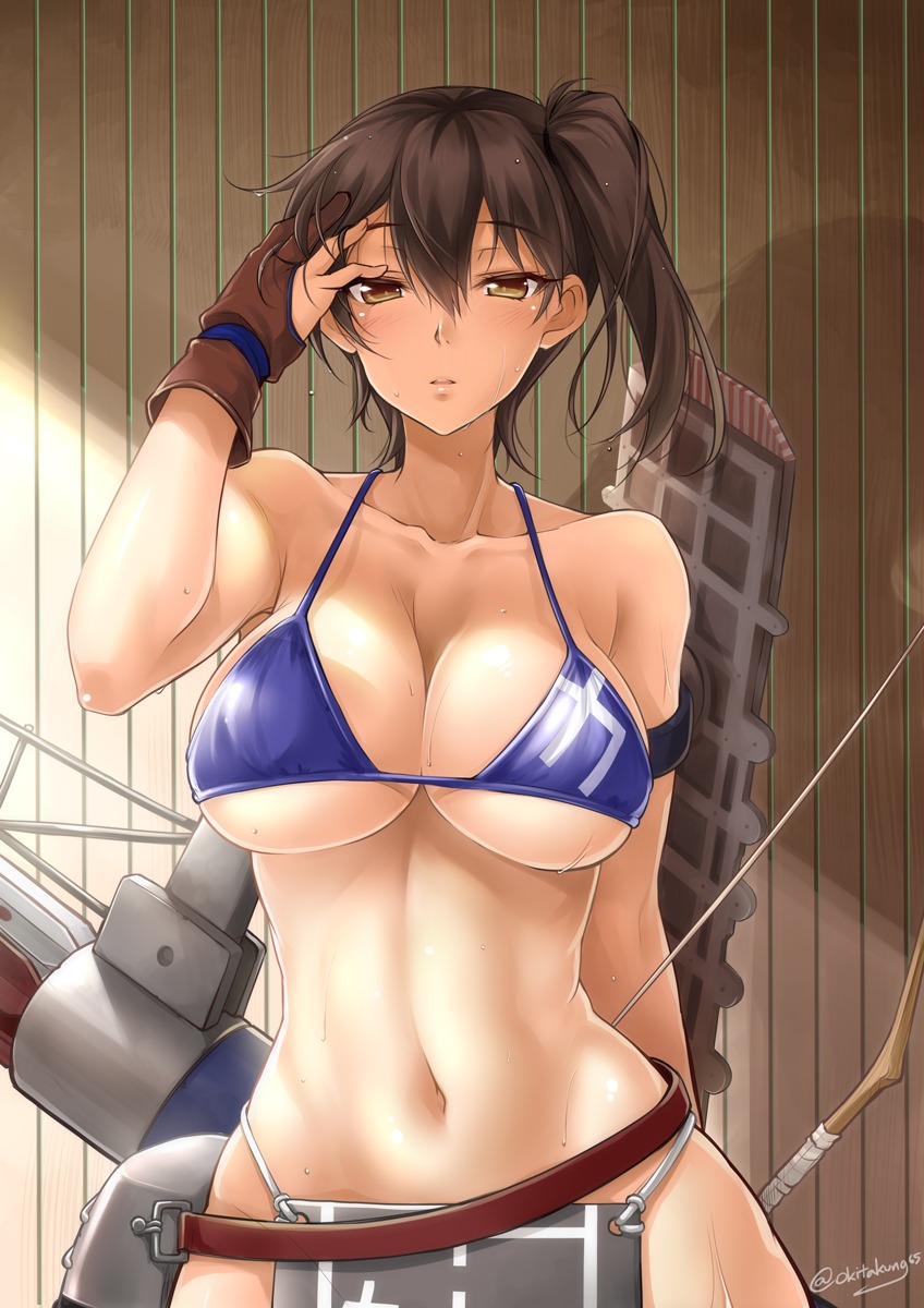 bikini_top cleavage kaga_(kancolle) kantai_collection nopan okitakung swimsuits underboob