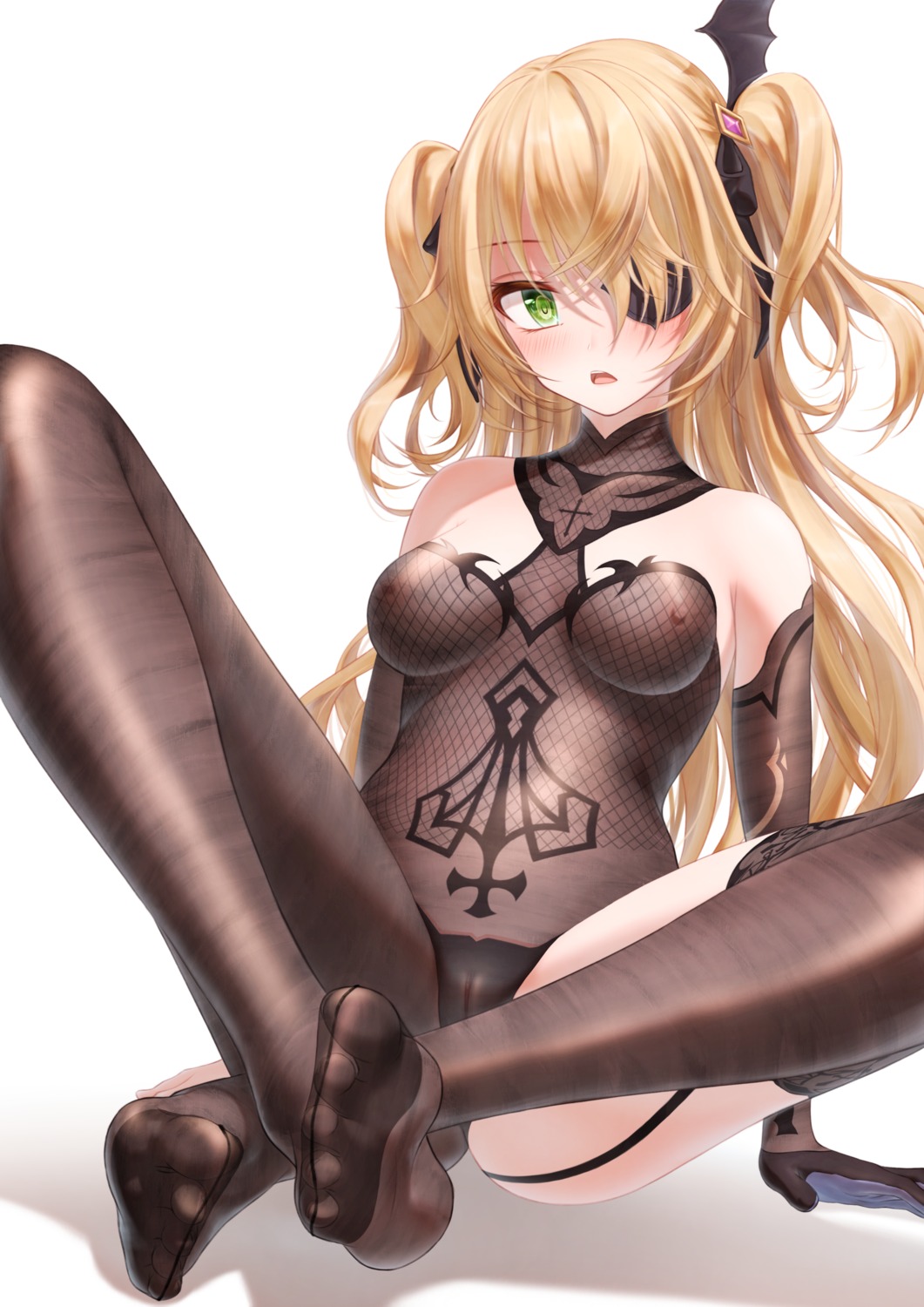 bae.c bodysuit cameltoe eyepatch feet fischl fishnets genshin_impact nipples pantsu stockings thighhighs