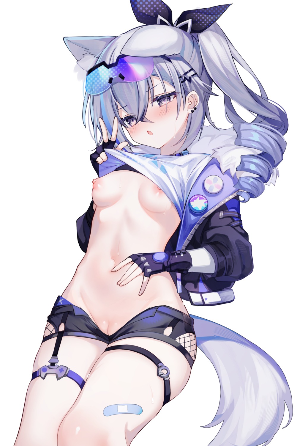 animal_ears bandaid breasts fishnets garter honkai:_star_rail megane nipple_slip nipples no_bra pussy shirt_lift shouu-kun silver_wolf_(honkai:_star_rail) tail uncensored undressing