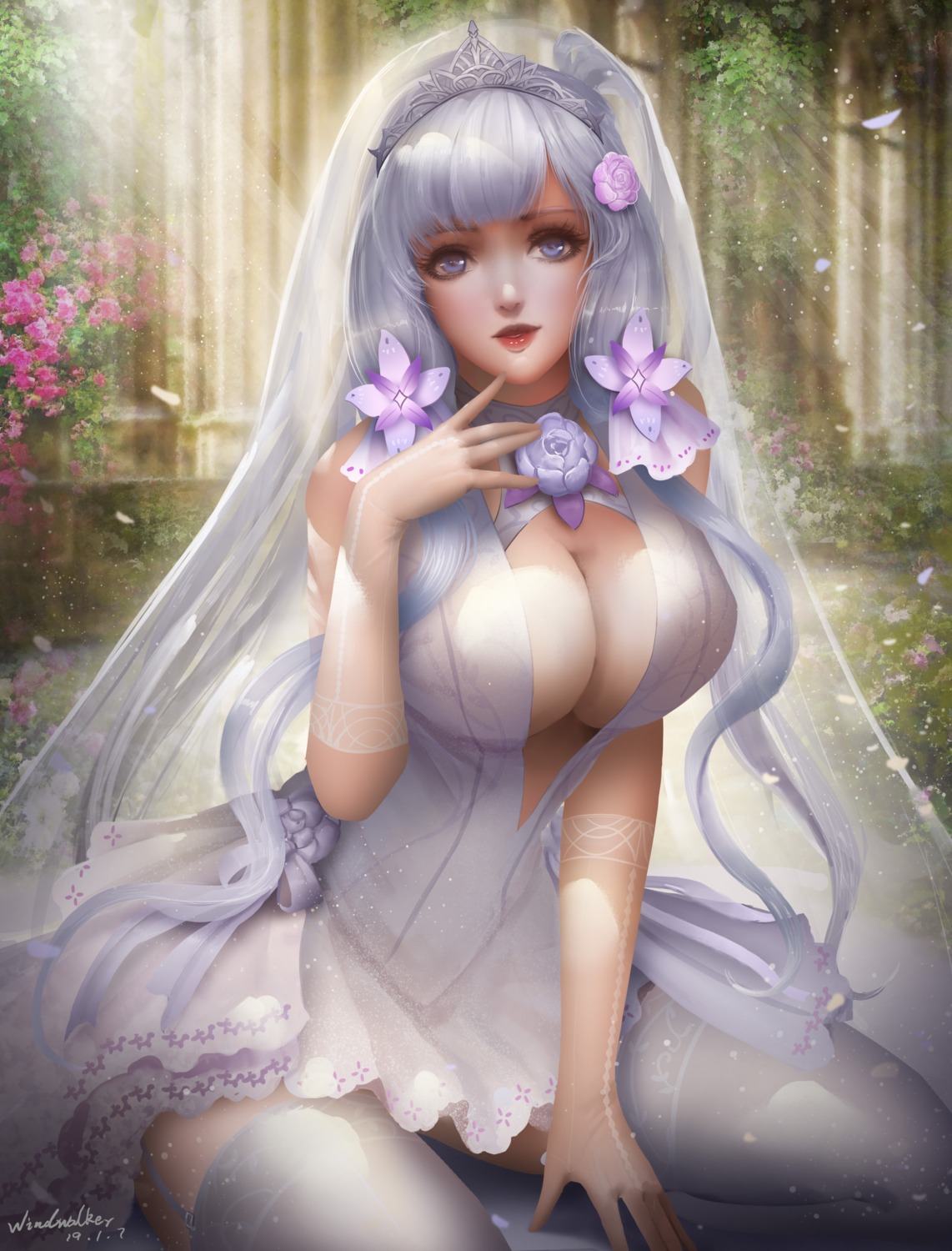 azur_lane cleavage dress illustrious_(azur_lane) no_bra see_through stockings thighhighs wedding_dress windwalker