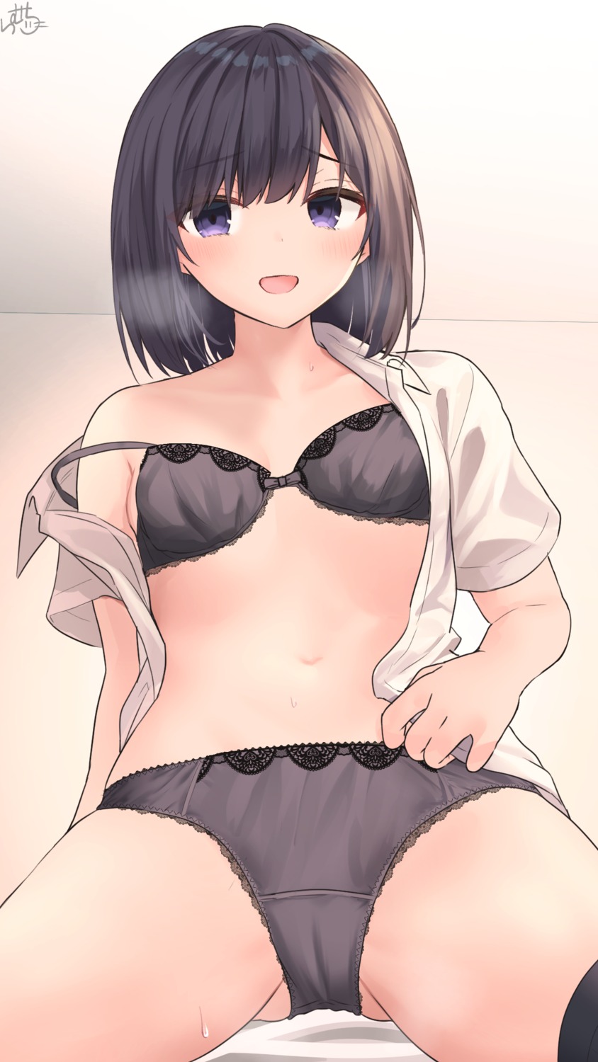 bra cameltoe dress_shirt kurokami-chan_(ramchi) open_shirt pantsu ramchi thighhighs