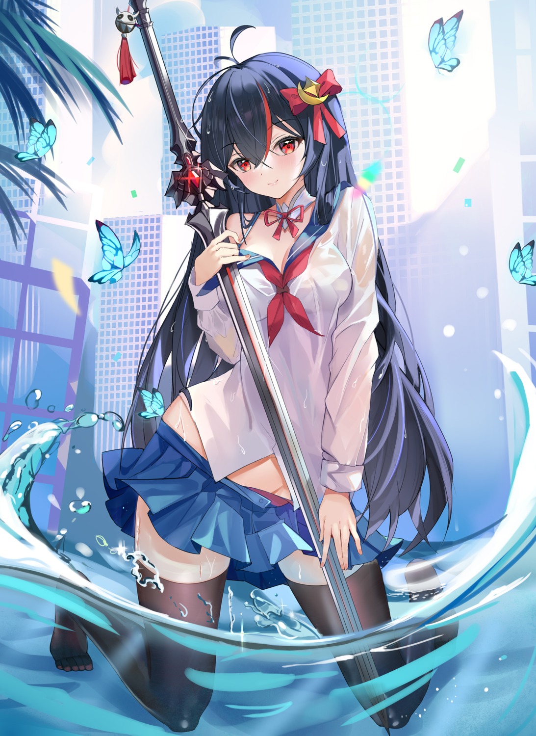 see_through seifuku skirt_lift sword thighhighs wet wet_clothes zhongwu_chahui