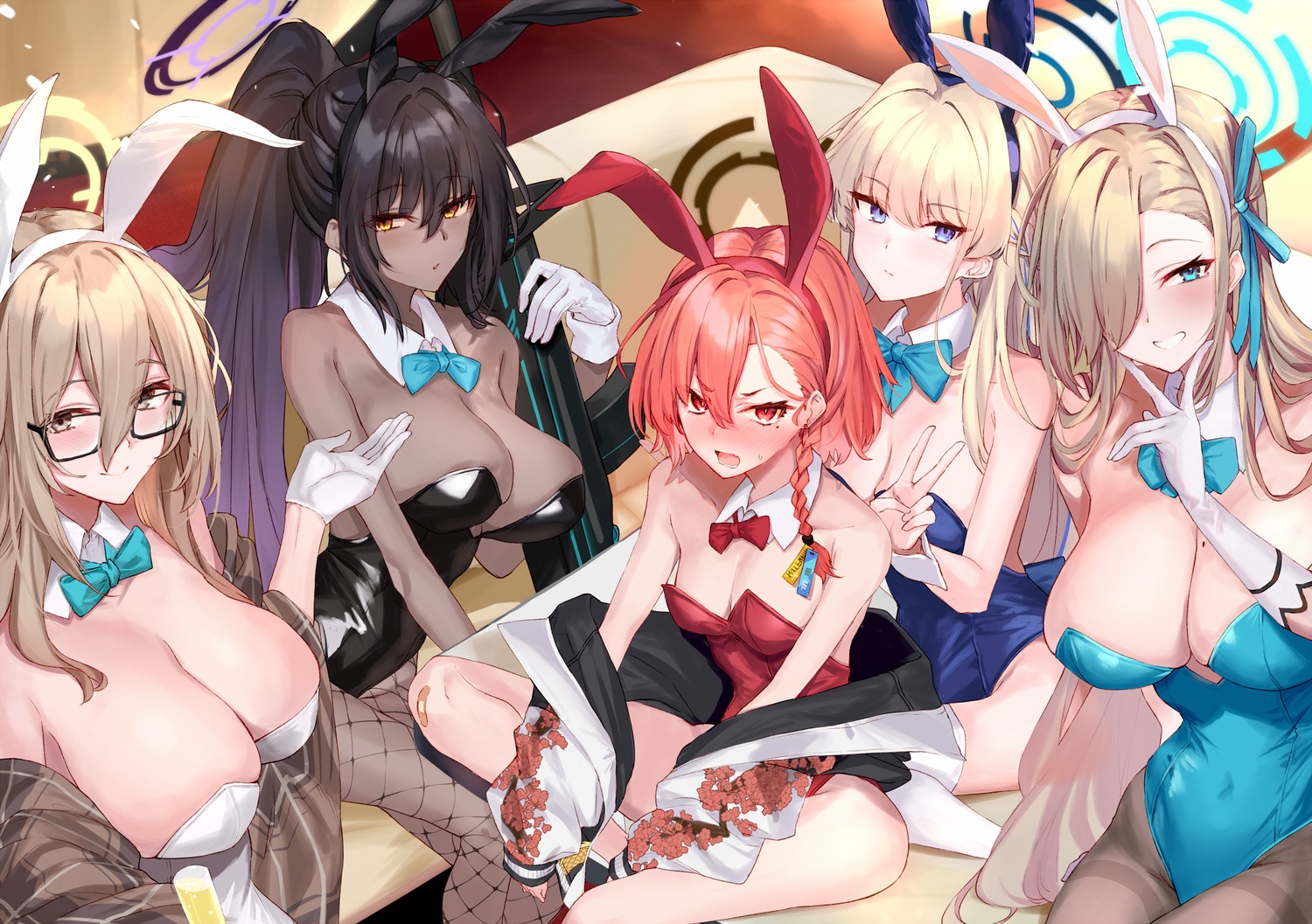 animal_ears asuma_toki blue_archive bunny_ears bunny_girl fishnets gun halo ichinose_asuna kakudate_karin megane mikamo_neru murokasa_akane ninoude_(ninoude44) no_bra pantyhose thighhighs